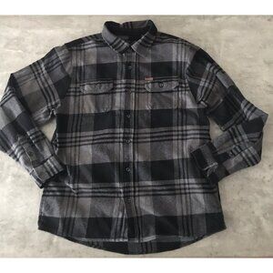 Orvis Shacket Men X-Large Gray Black Plaid Button Up Shirt Jacket Outdoor Fleece